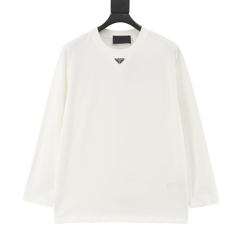 Prada Triangle Logo Long-Sleeve Top — Ivory, Centre Neckline Plaque