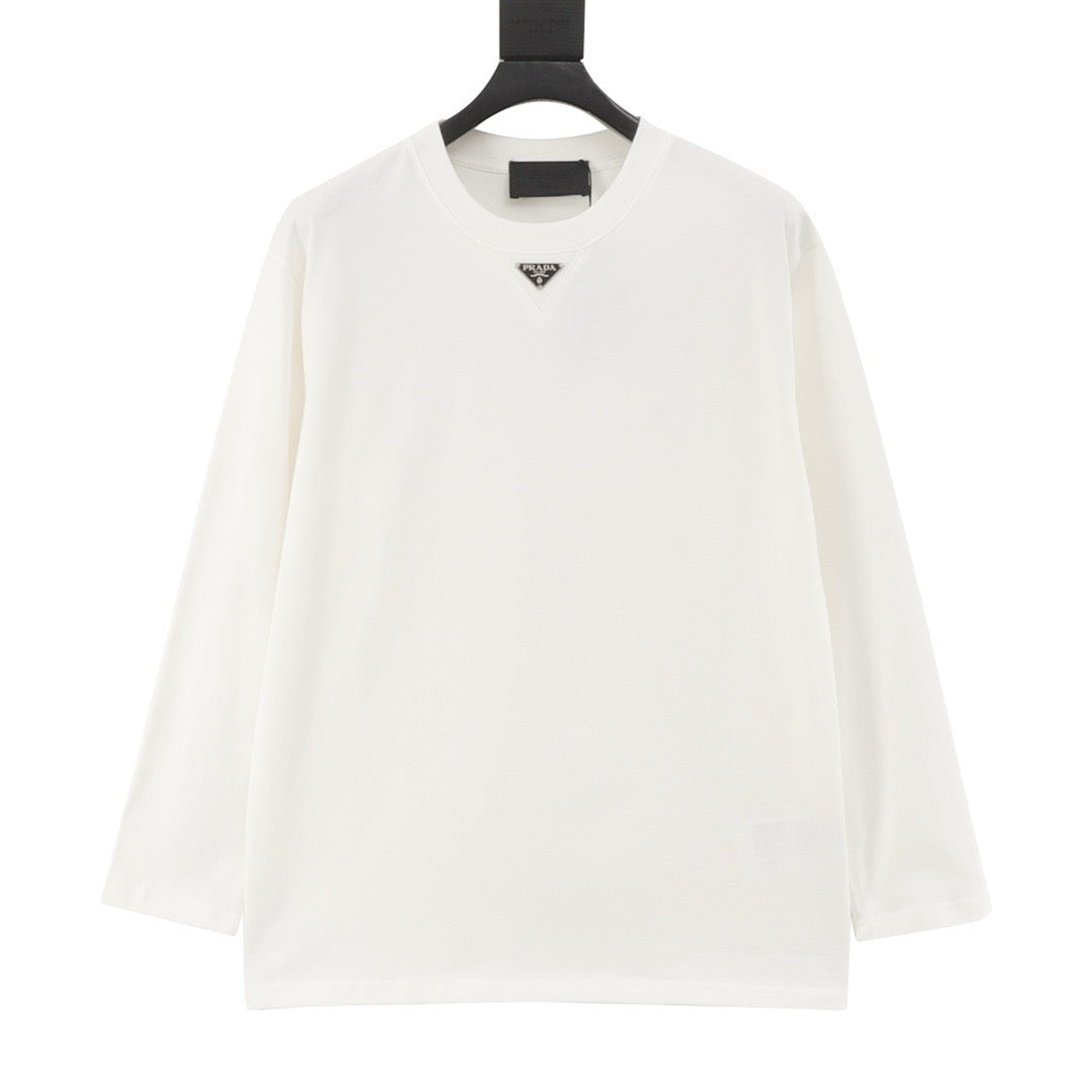 Prada Triangle Logo Long-Sleeve Top — Ivory, Centre Neckline Plaque