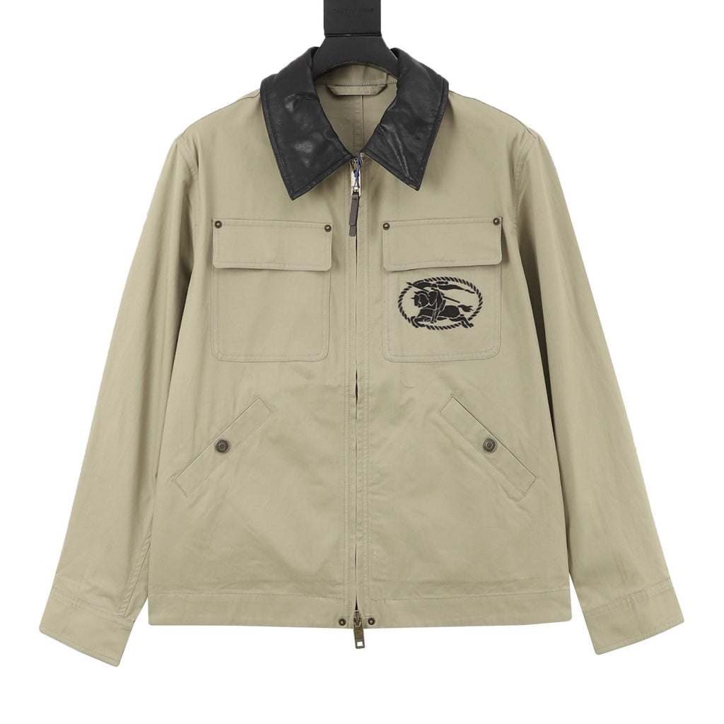 Burberry Women's & Men's Beige Leather-Collar Zip-Up Field Jacket with Equestrian Logo