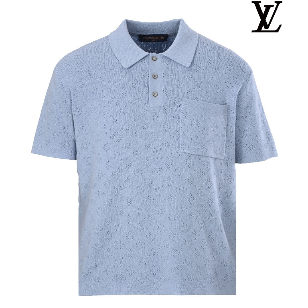 Louis Vuitton Men's Light Blue Monogram Knit Polo Shirt