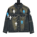 Chrome Hearts Women's / Men's Cross-Patch Distressed Denim Jacket in Vintage Blue