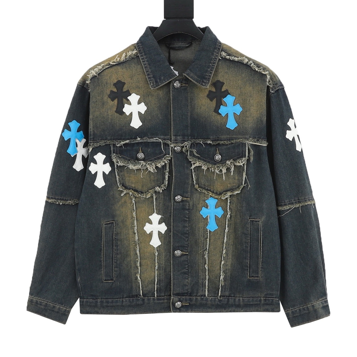 Chrome Hearts Women's / Men's Cross-Patch Distressed Denim Jacket in Vintage Blue