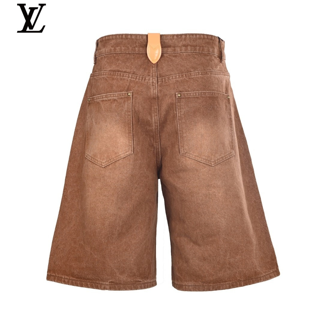 Louis Vuitton Washed Brown Pleated Denim Shorts