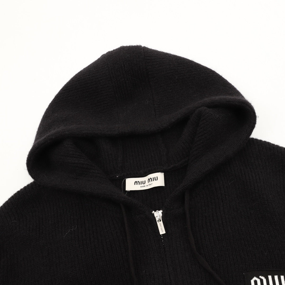 Miu Miu Women's Men's Black Ribbed Knit Zip Hoodie