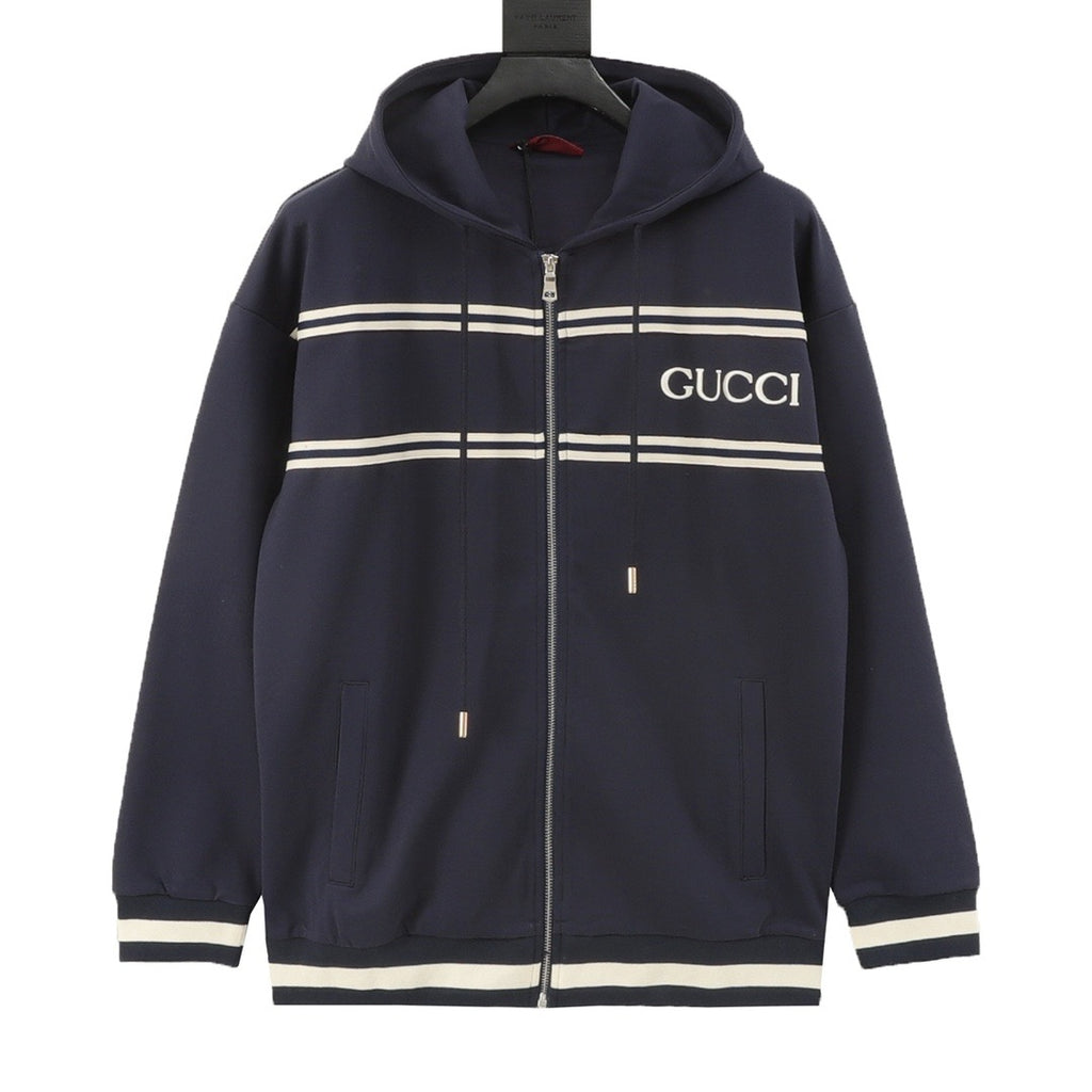Gucci Women's Men's Navy Stripe Logo Full-Zip Hooded Jacket