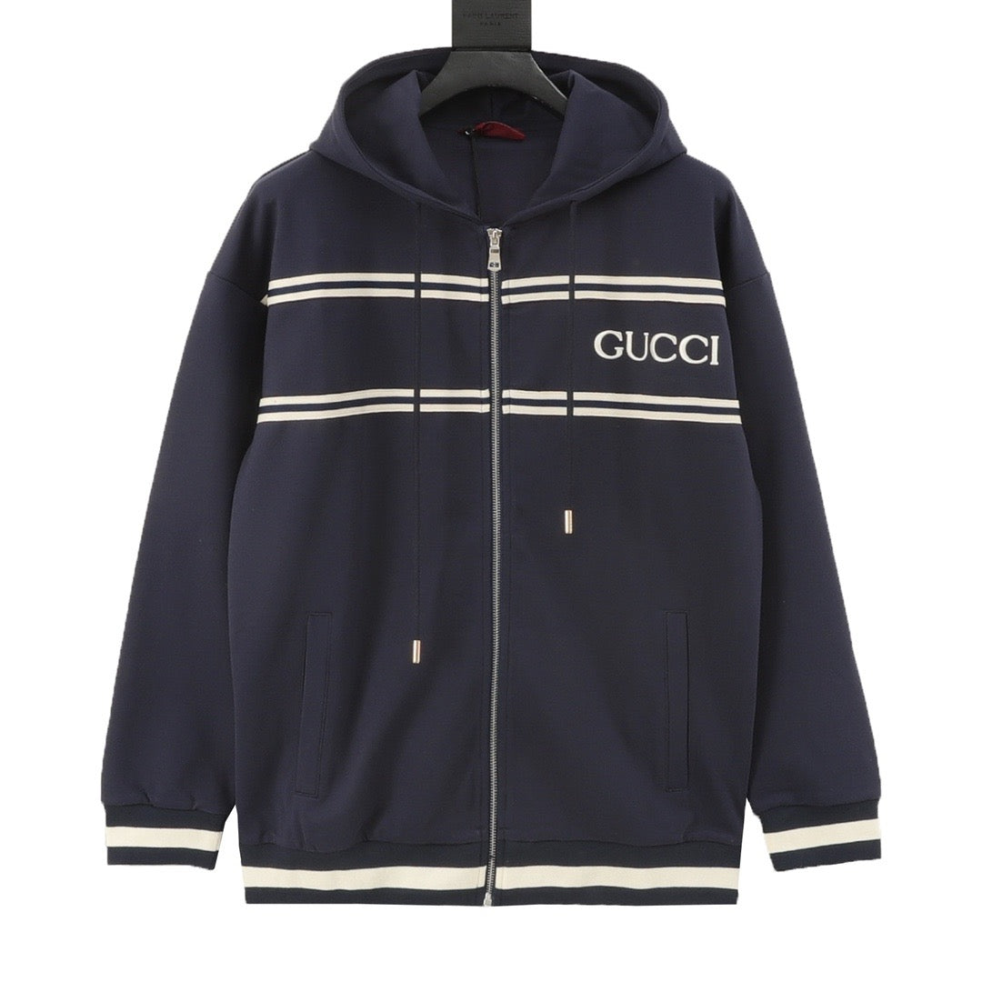 Gucci Women's Men's Navy Stripe Logo Full-Zip Hooded Jacket