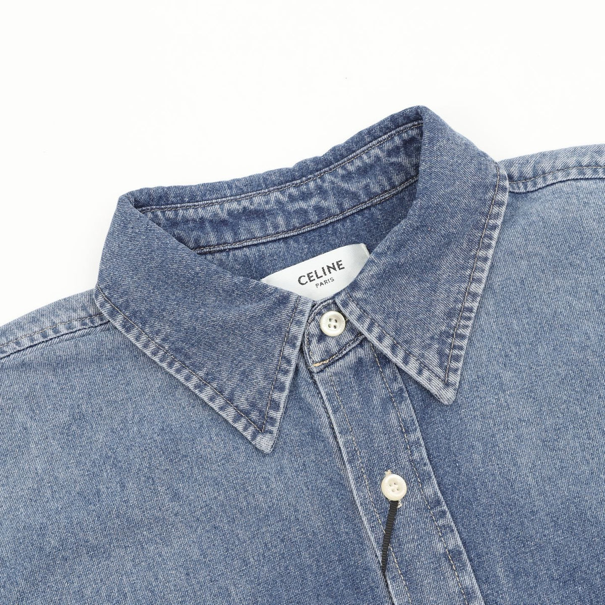 Celine Women's Men's Light Blue Logo Patch Long-Sleeve Denim Shirt