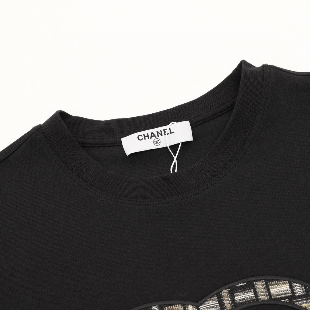 Chanel 25FW Long-Sleeve T-Shirt with Large Embroidered/Appliqué Double-C Logo in Brocade Style