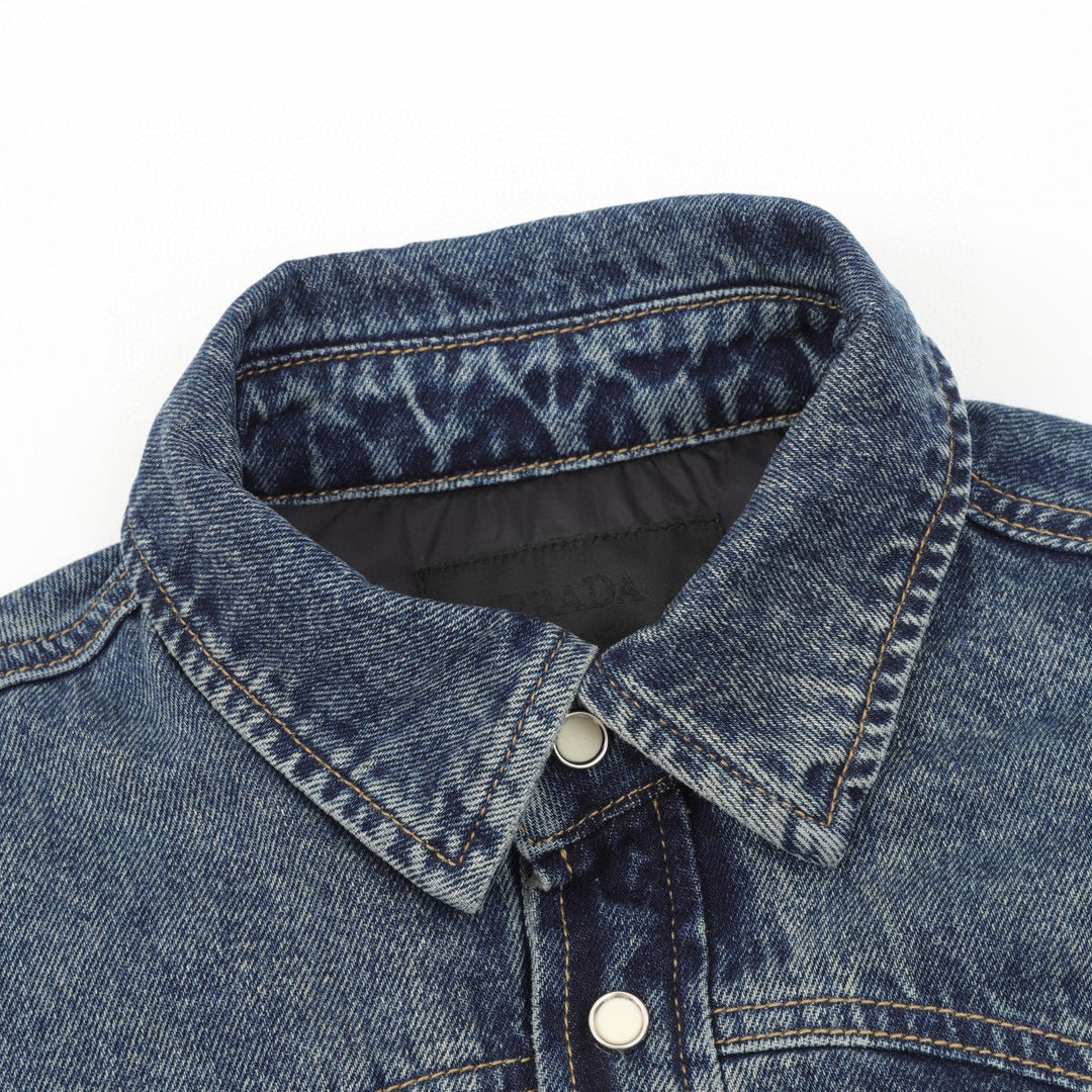 Prada Triangle Logo Western Yoke Quilted-Lined Denim Shirt Jacket