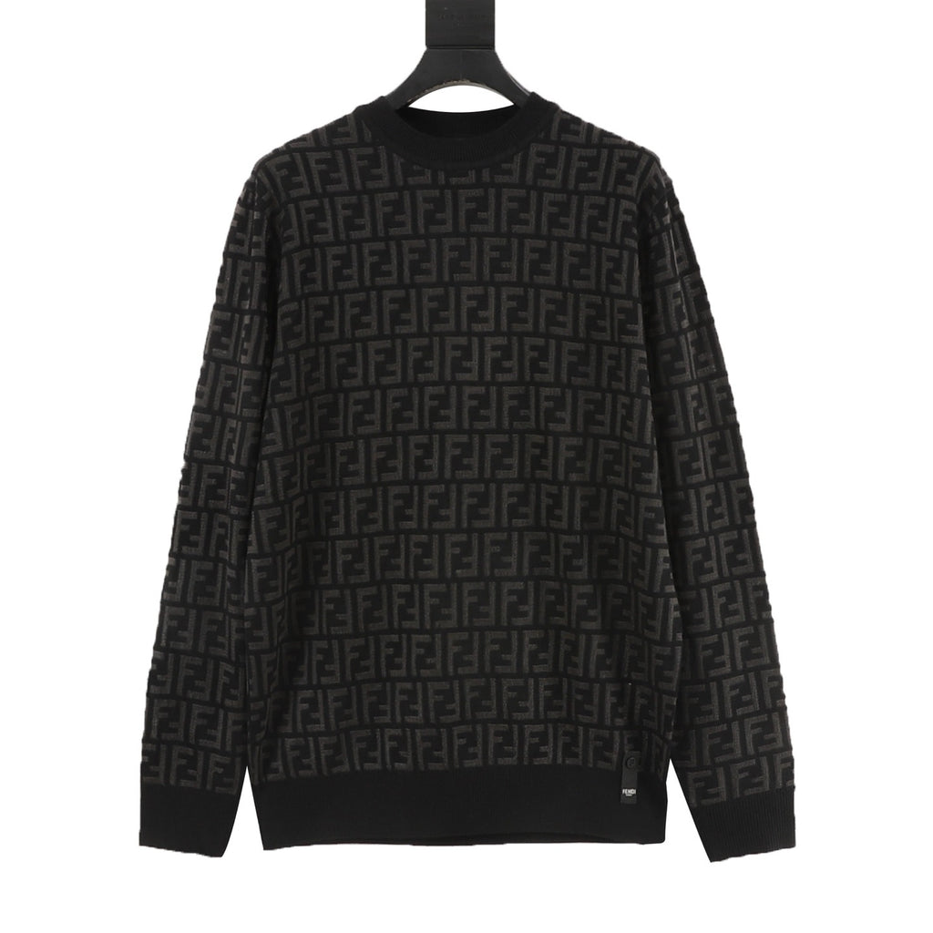 Fendi FF Monogram All-Over Jacquard Crewneck Sweater | Black Tonal Luxury Knitwear