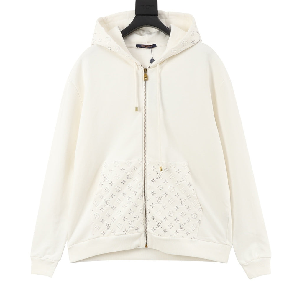 Louis Vuitton Women's & Men's White Monogram Embroidered Zip-Up Hoodie