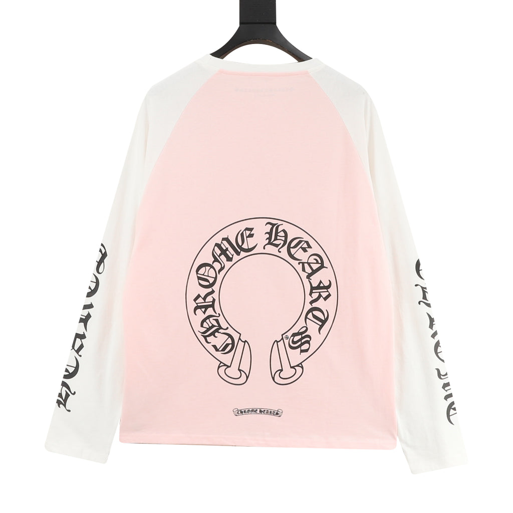 Chrome Hearts Horseshoe Raglan Long-Sleeve Tee — Pink & White, Gothic Sleeve Print