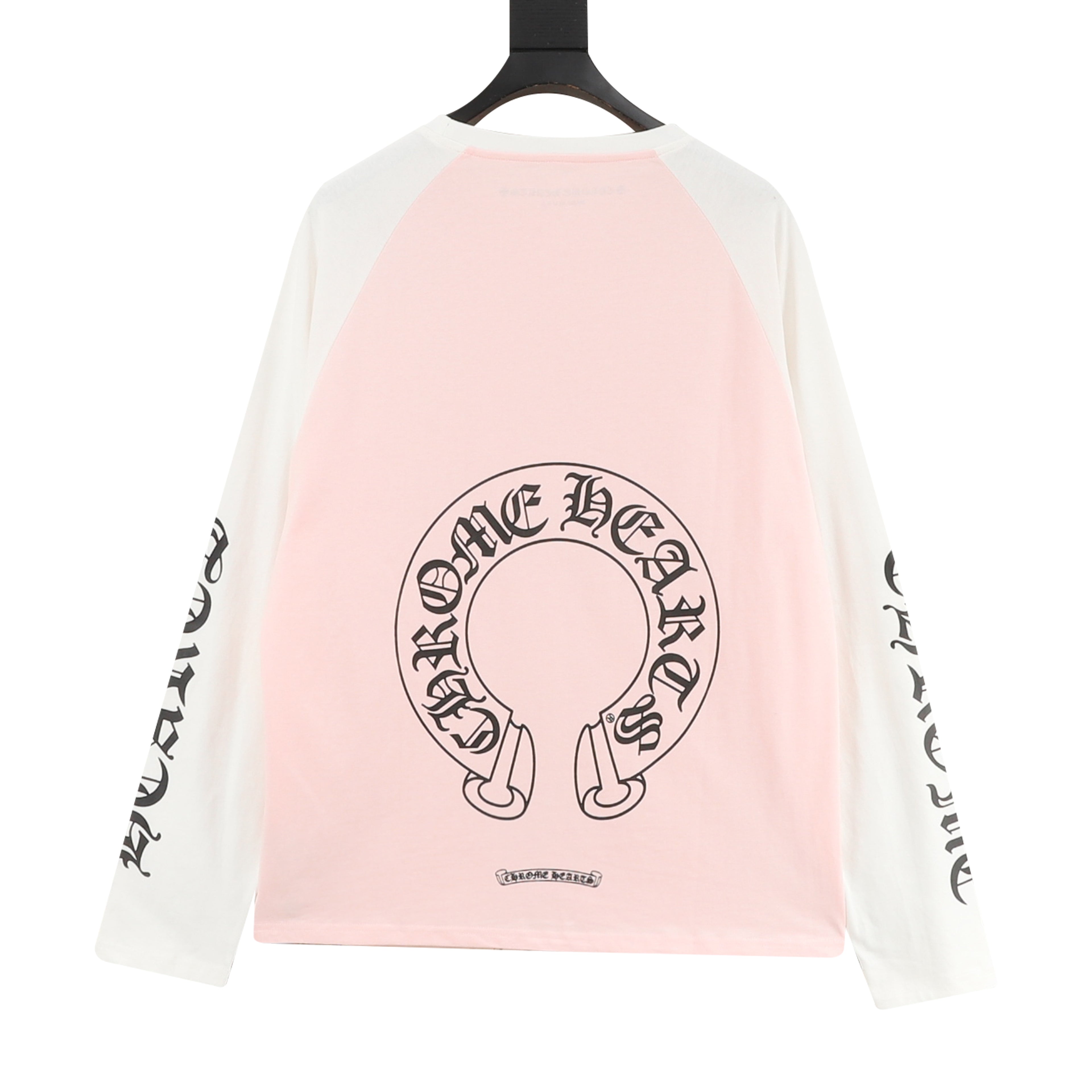 Chrome Hearts Horseshoe Raglan Long-Sleeve Tee — Pink & White, Gothic Sleeve Print