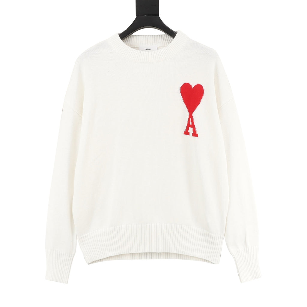 AMI Paris Ami de Cœur Macaron Embroidered Heart Jacquard Crew Neck Sweater