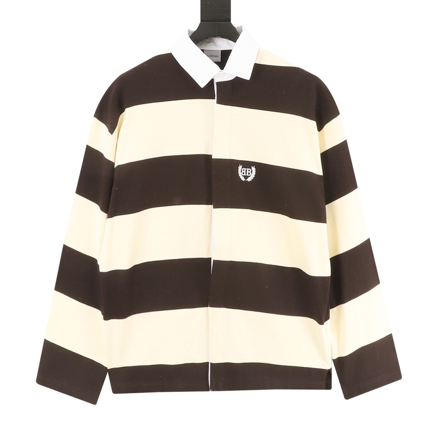 Balenciaga BB Wheat Ear Embroidered Striped Polo Sweatshirt | Brown & Cream Colorblock