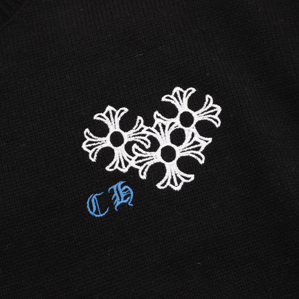 CH Embroidered Sanskrit Cross Distressed Knit Sweater
