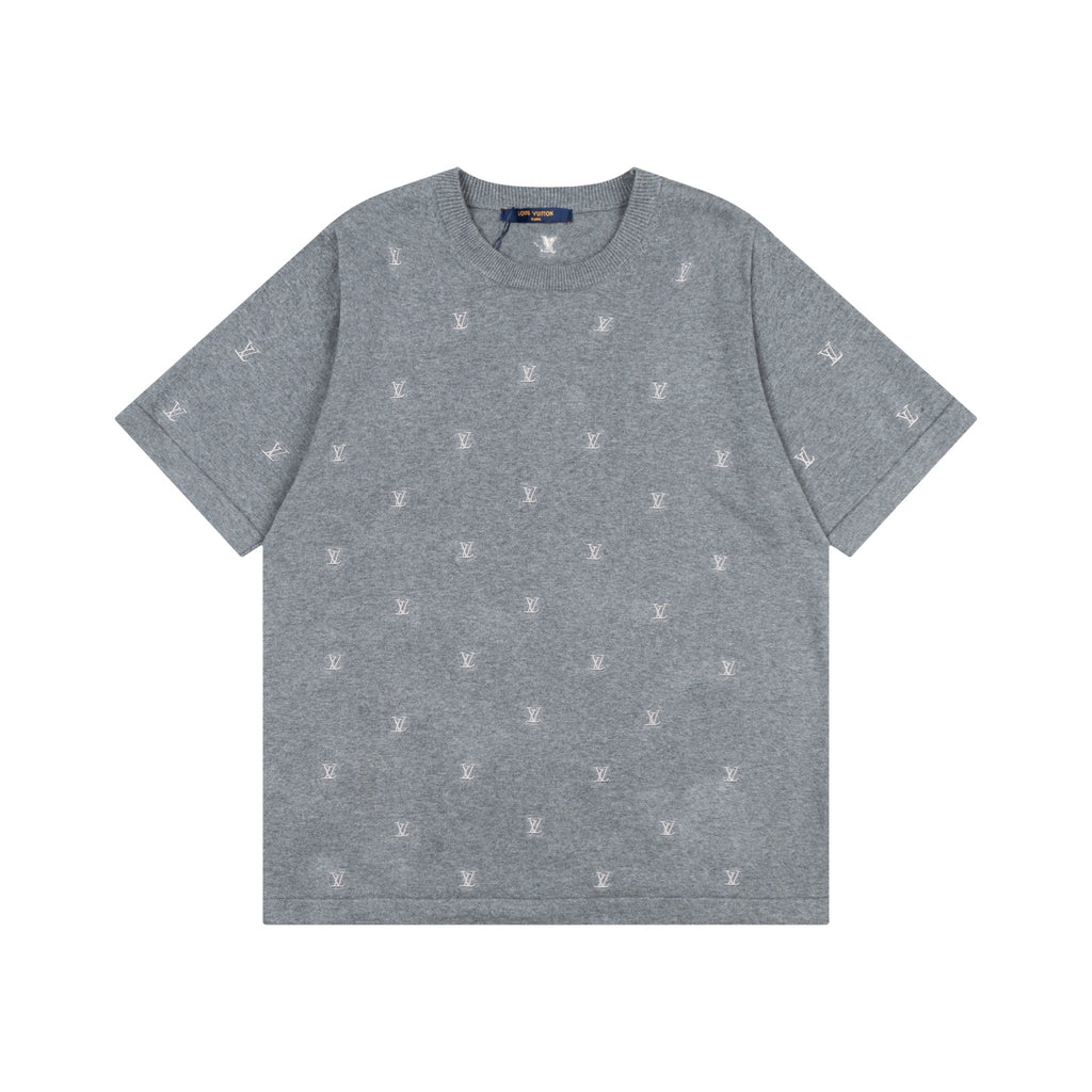 Louis Vuitton All-Over LV Embroidered Knit Short-Sleeve T-Shirt in Grey