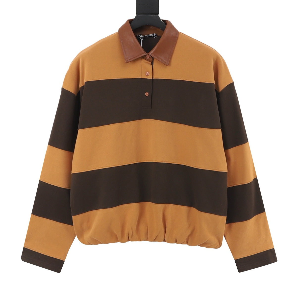 Acne Studios Women's Men's Camel and Brown Striped Long-Sleeve Polo with Faux Leather Collar