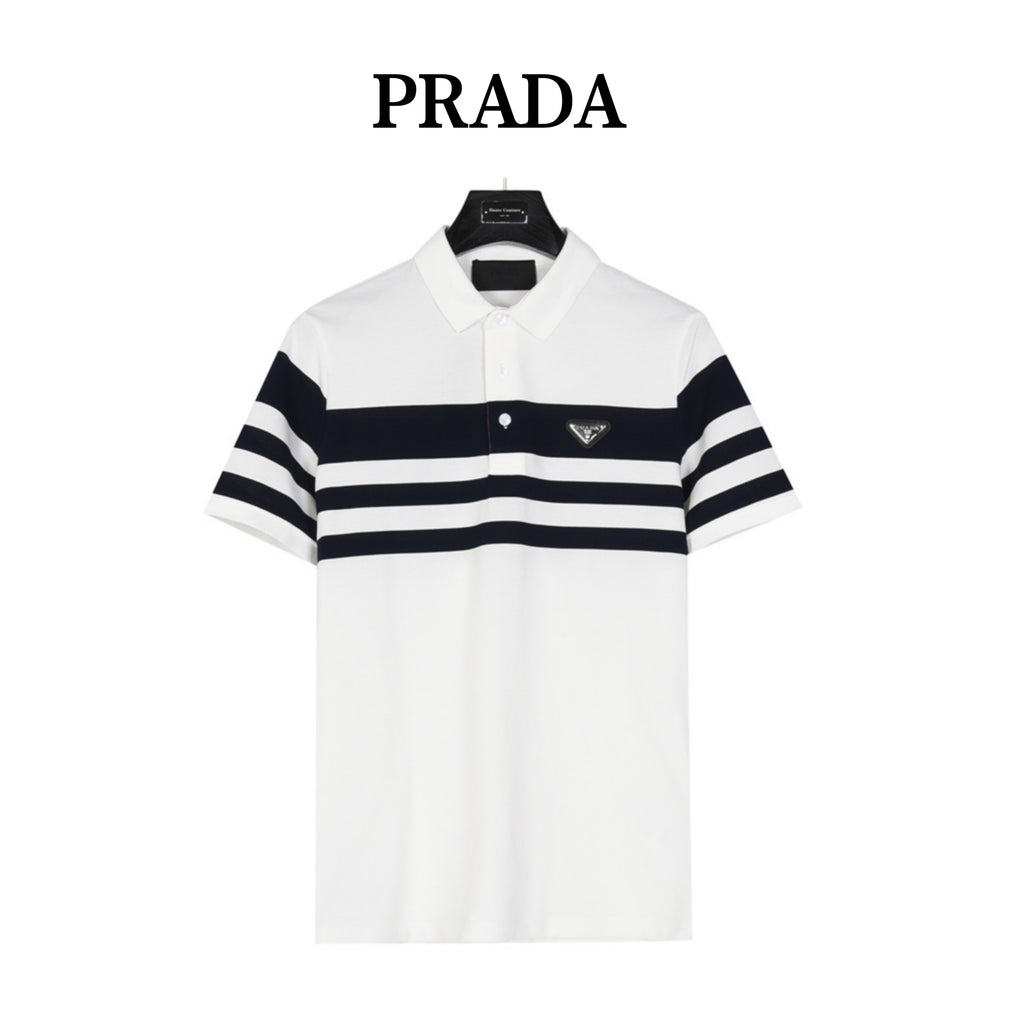Prada Triangle Logo Short-Sleeve Polo in White and Navy Stripes