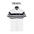 Prada Triangle Logo Short-Sleeve Polo in White and Navy Stripes