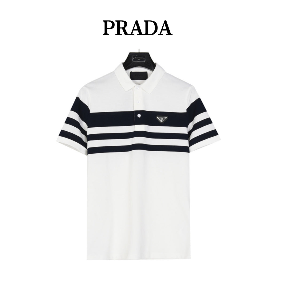 Prada Triangle Logo Short-Sleeve Polo in White and Navy Stripes