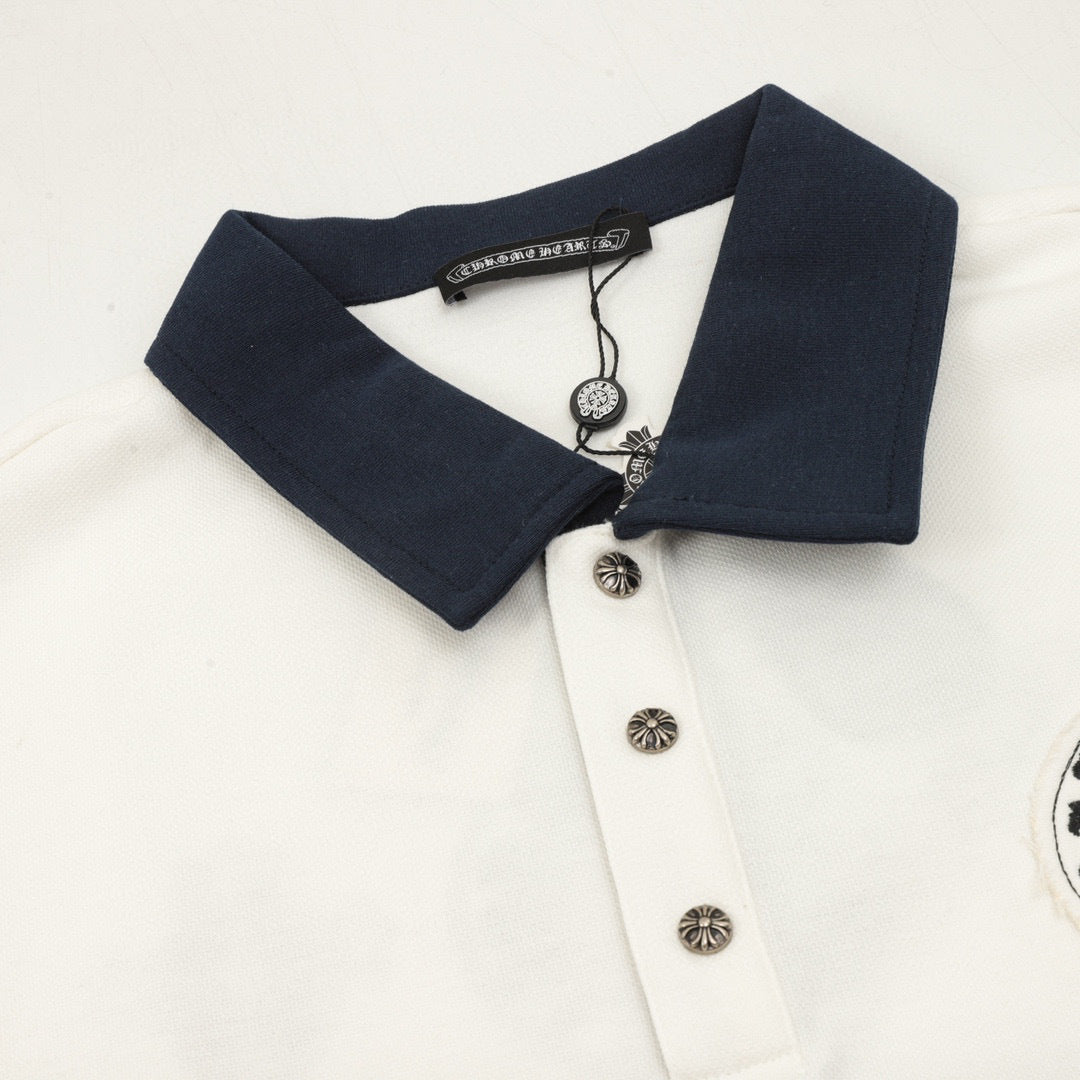 CH Long-Sleeve Polo Shirt with Cross Embroidery and Contrasting Collar