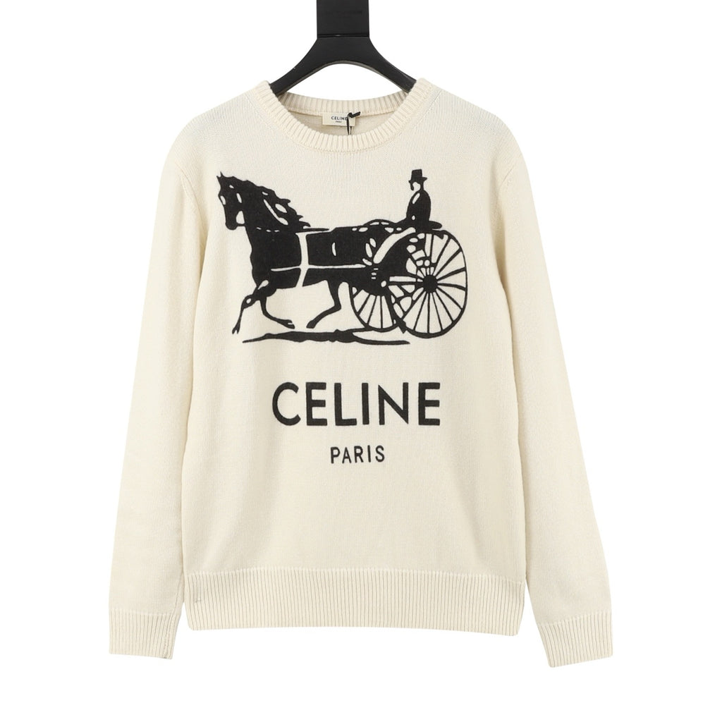 CELINE Women's & Men's Cream Horse Carriage Logo Crewneck Sweater