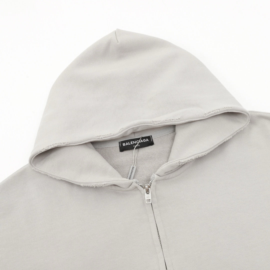 Balenciaga Women's Men's Light Grey Distressed Zip-Up Hoodie