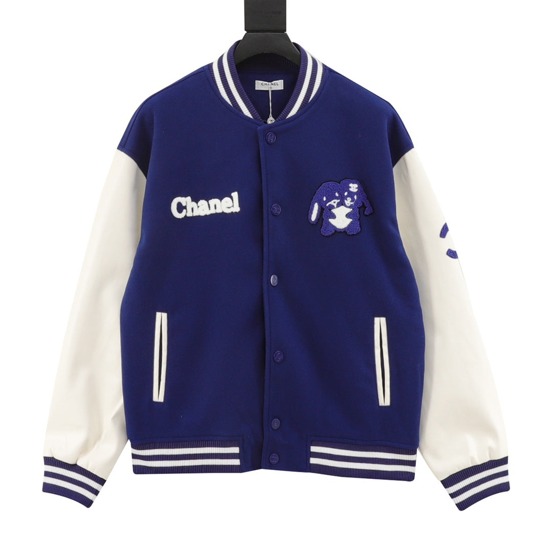 Chanel Paneled Flocked-Embroidery Varsity Jacket