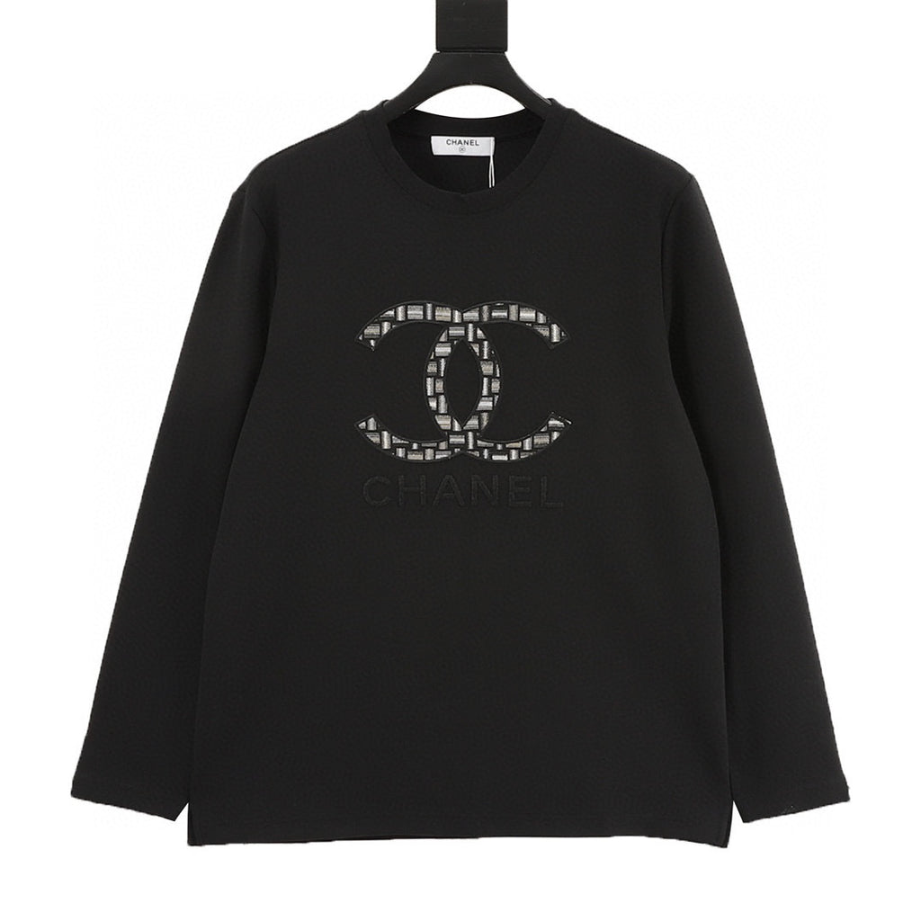 Chanel 25FW Long-Sleeve T-Shirt with Large Embroidered/Appliqué Double-C Logo in Brocade Style