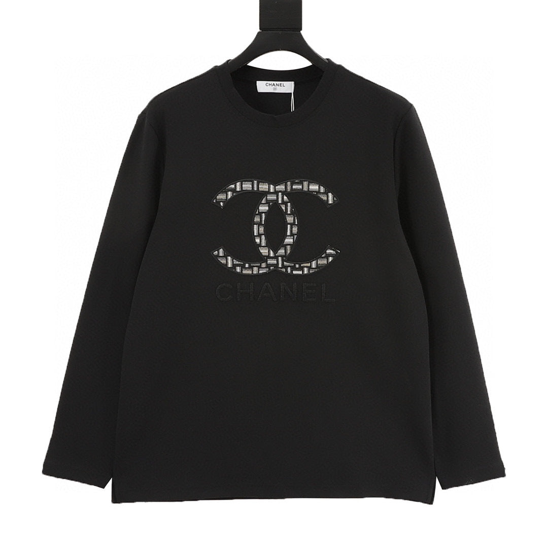 Chanel 25FW Long-Sleeve T-Shirt with Large Embroidered/Appliqué Double-C Logo in Brocade Style