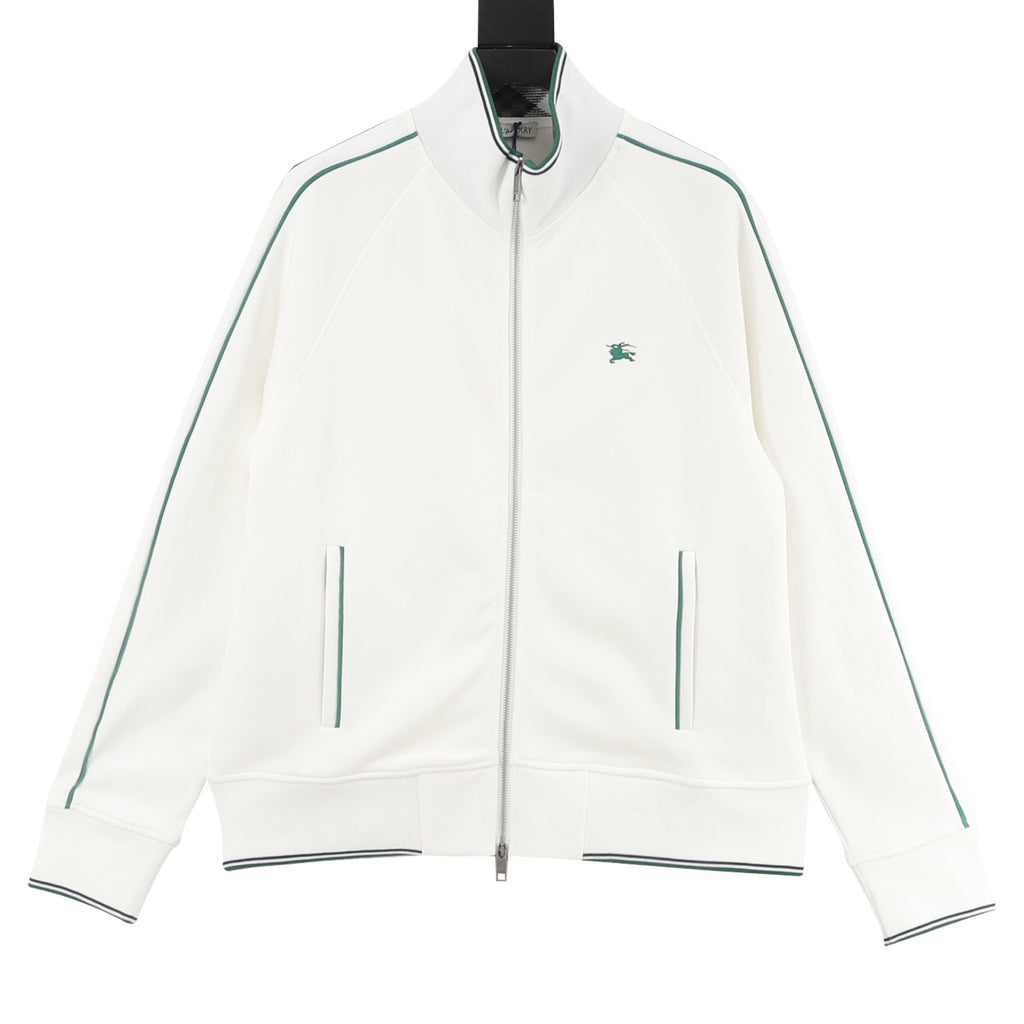 Burberry Equestrian Knight Argyle Knit Collar Zip Track Jacket | White Green Trim Luxury Outerwear