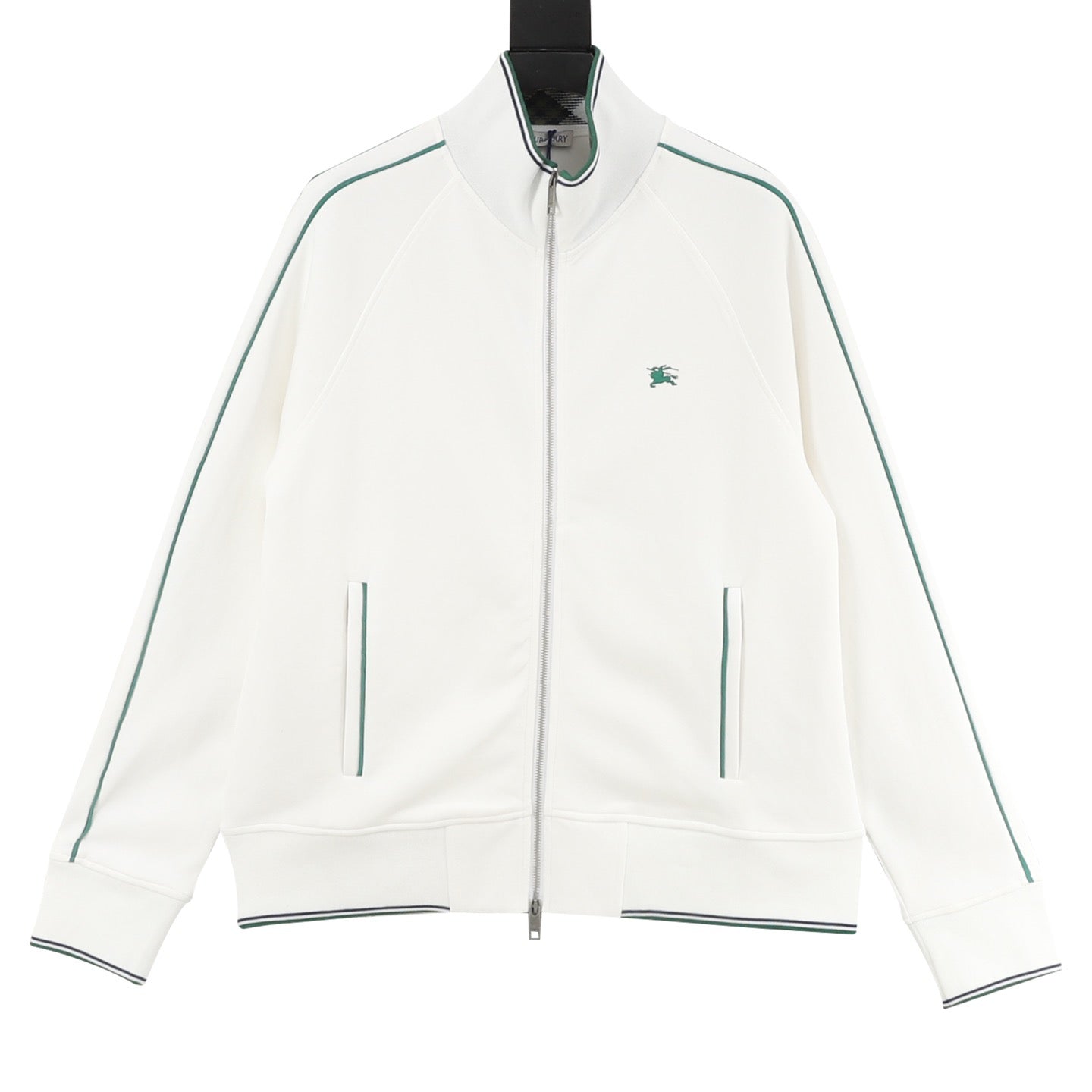 Burberry Equestrian Knight Argyle Knit Collar Zip Track Jacket | White Green Trim Luxury Outerwear