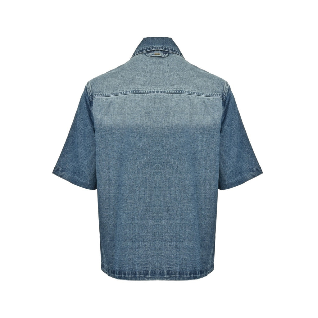 Louis Vuitton Monogram-Embossed Short-Sleeve Denim Shirt in Blue