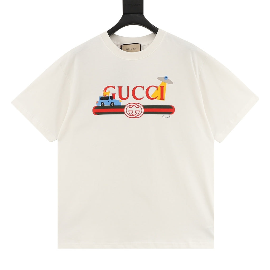Gucci Men's White Cartoon Car & UFO Print Short-Sleeve T-Shirt