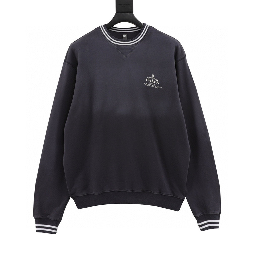 Prada Heritage Logo Embroidered Striped Trim Washed Crew Neck Sweatshirt