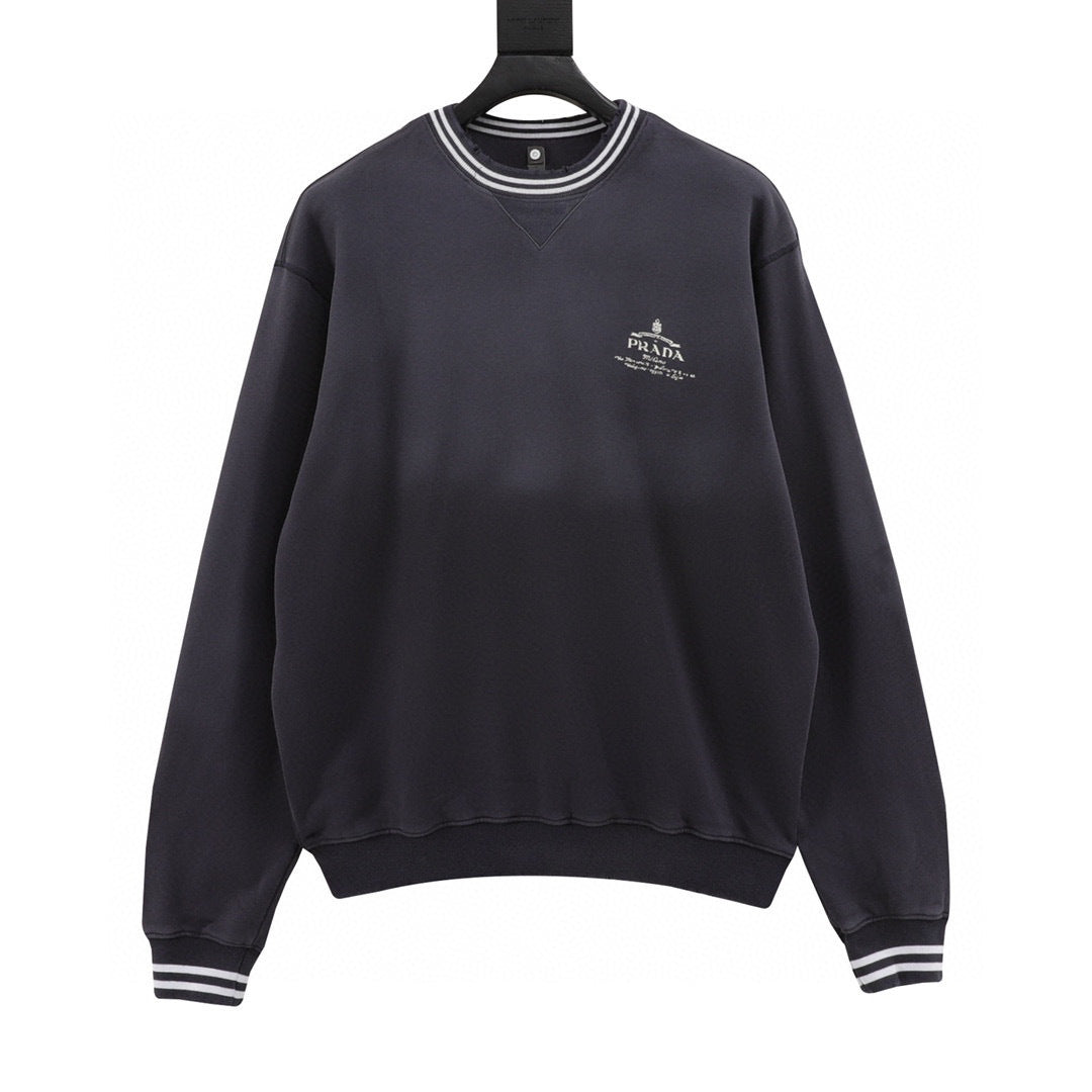 Prada Heritage Logo Embroidered Striped Trim Washed Crew Neck Sweatshirt