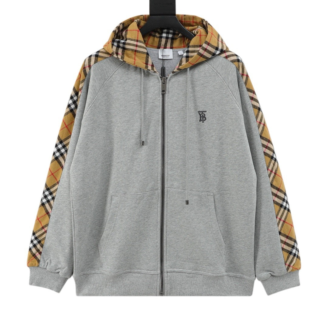 Burberry Women's Men's Grey Check Panel Zip-Up Hoodie