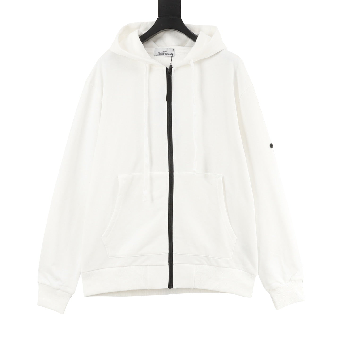 Stone Island Sleeve Patch Hooded Zip-Up Jacket | White Contrast Zip Casual Outerwear