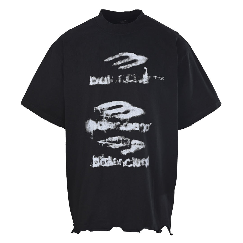 Balenciaga Distressed Triple Logo Print Short-Sleeve T-Shirt in Black