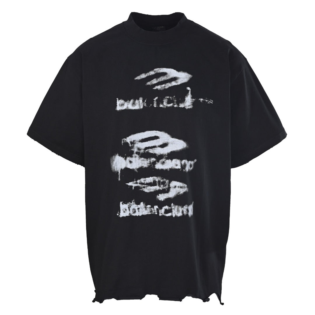 Balenciaga Distressed Triple Logo Print Short-Sleeve T-Shirt in Black