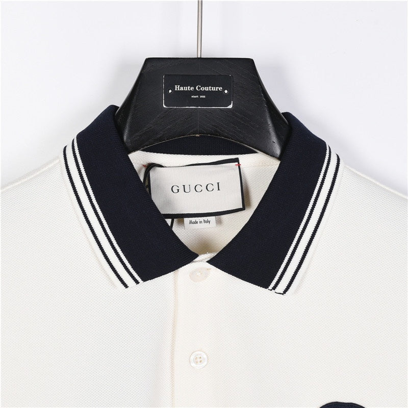 Gucci Interlocking G Patch Striped-Collar Polo Shirt in White