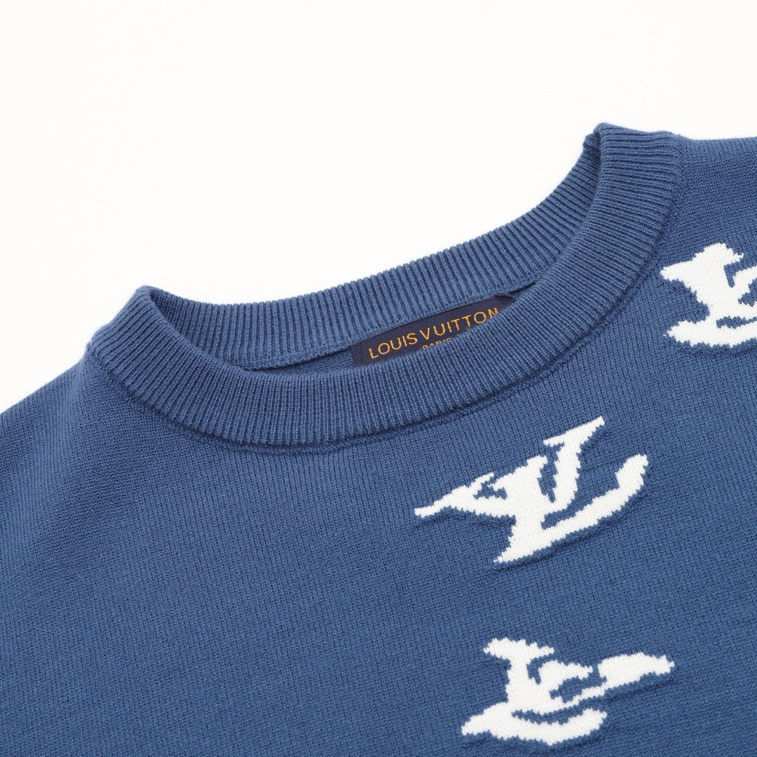 Louis Vuitton Women's Men's Blue Scattered LV Logo Crewneck Knit Sweater