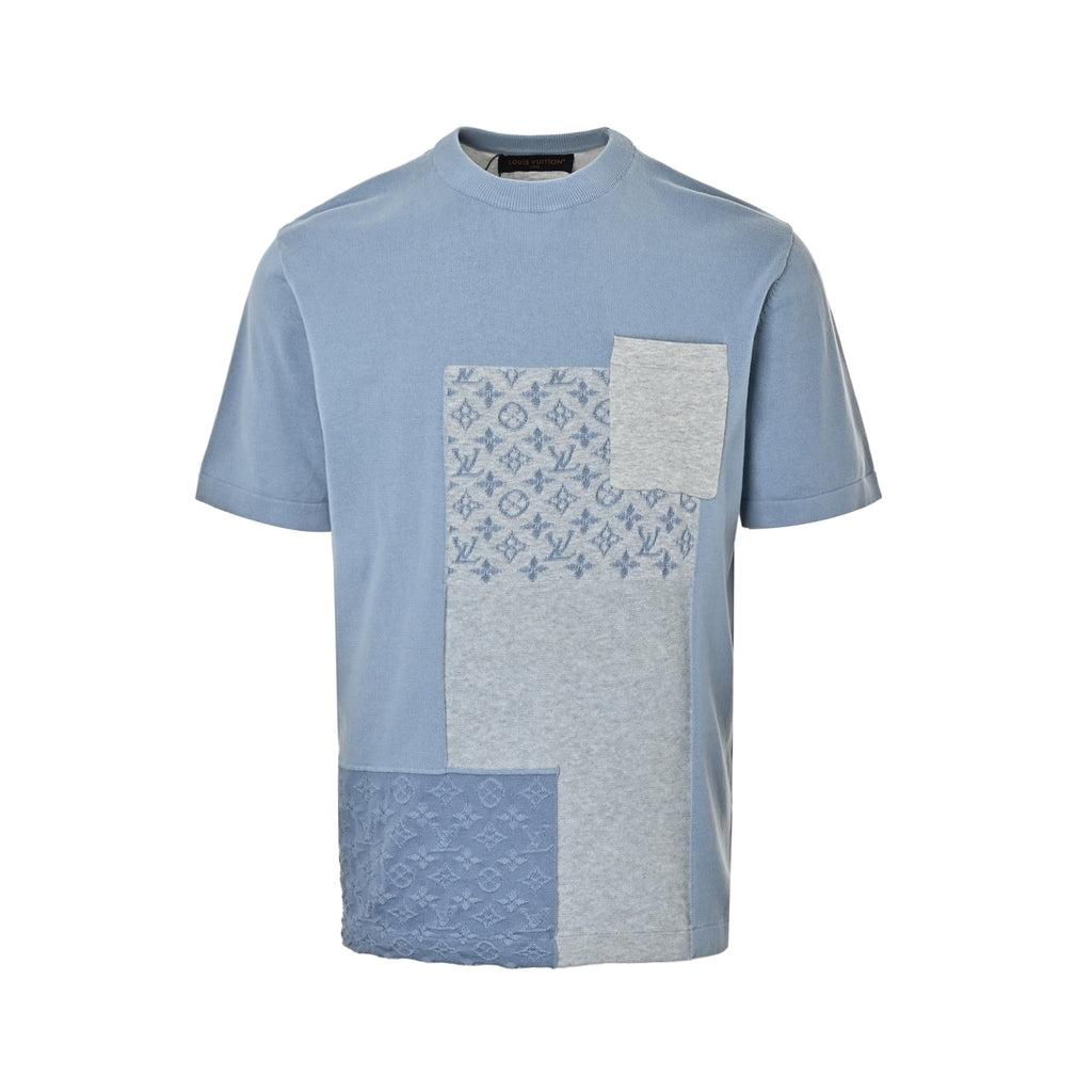 Louis Vuitton Patchwork Monogram Short-Sleeve Knit Top in Light Blue