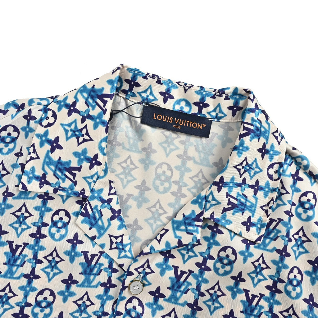 Louis Vuitton Blue Gradient Monogram Print Short-Sleeve Shirt in White