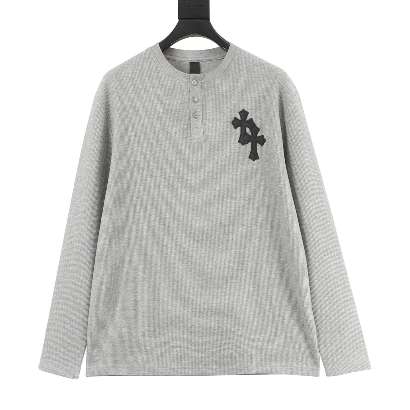 Chrome Hearts Cross Leather Label Waffle Henley Long Sleeve | Black Grey Luxury Streetwear