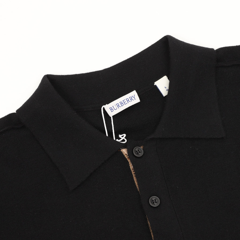Burberry Five-Color Check Placket Wool Long Sleeve Polo Sweater | Black Relaxed Luxury Knitwear