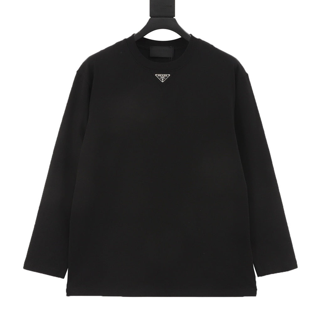 Prada Triangle Logo Long-Sleeve Top — Ivory, Centre Neckline Plaque