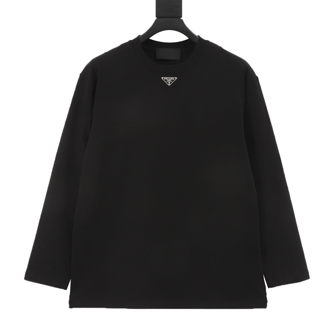 Prada Triangle Logo Long-Sleeve Top — Ivory, Centre Neckline Plaque