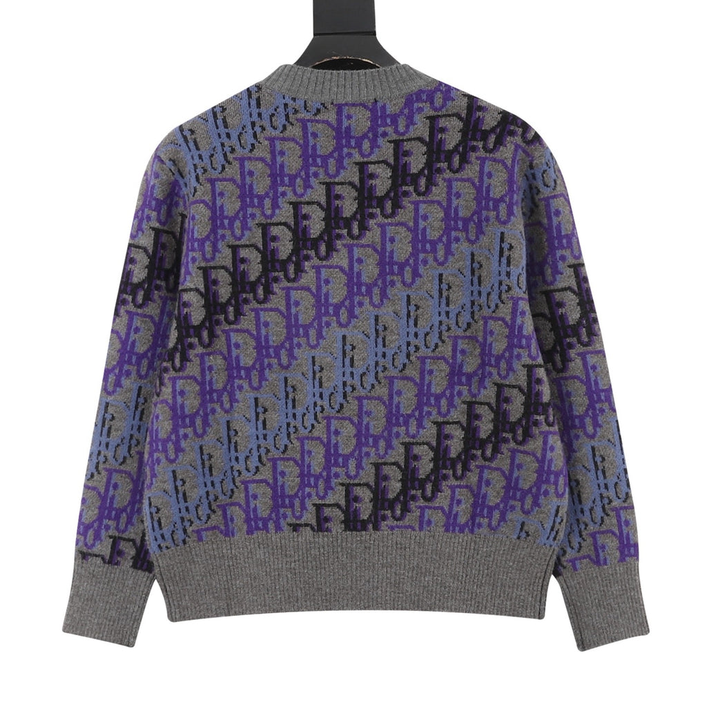 Dior Women's Men's Grey Purple Oblique Jacquard Crewneck Sweater